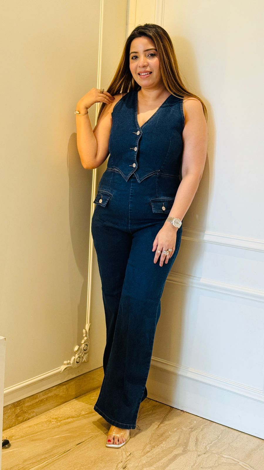 Alexa Denim Jumpsuit- Blue, Navy